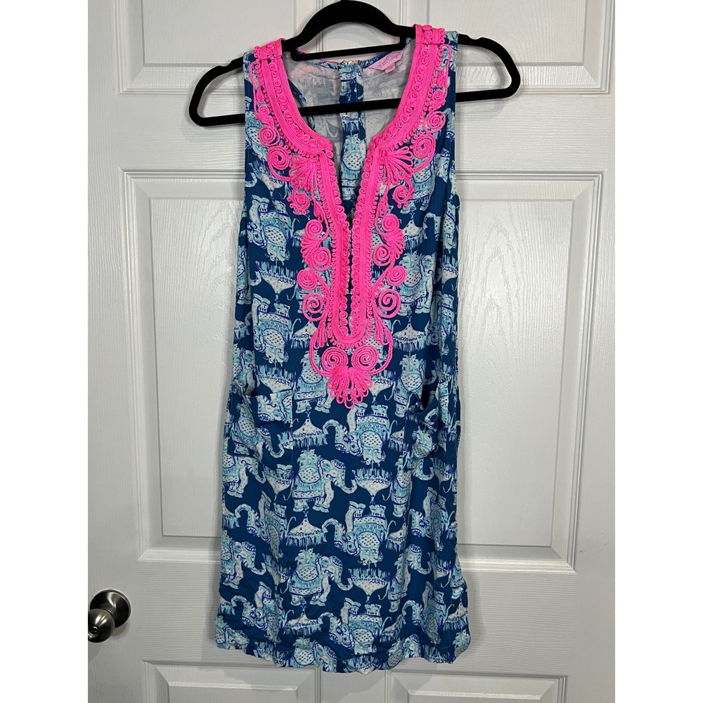 Lilly Pulitzer Mila Shift Dress Women Blue Pink Elephant Soutache Pockets - 4